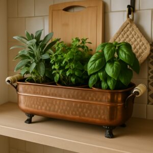 Portavasi Rame Vintage con Manici in Ceramica-Stile Antico