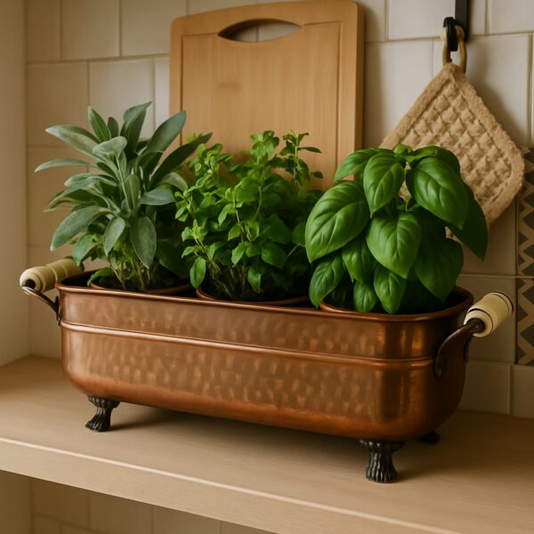 Portavasi Rame Vintage con Manici in Ceramica-Stile Antico